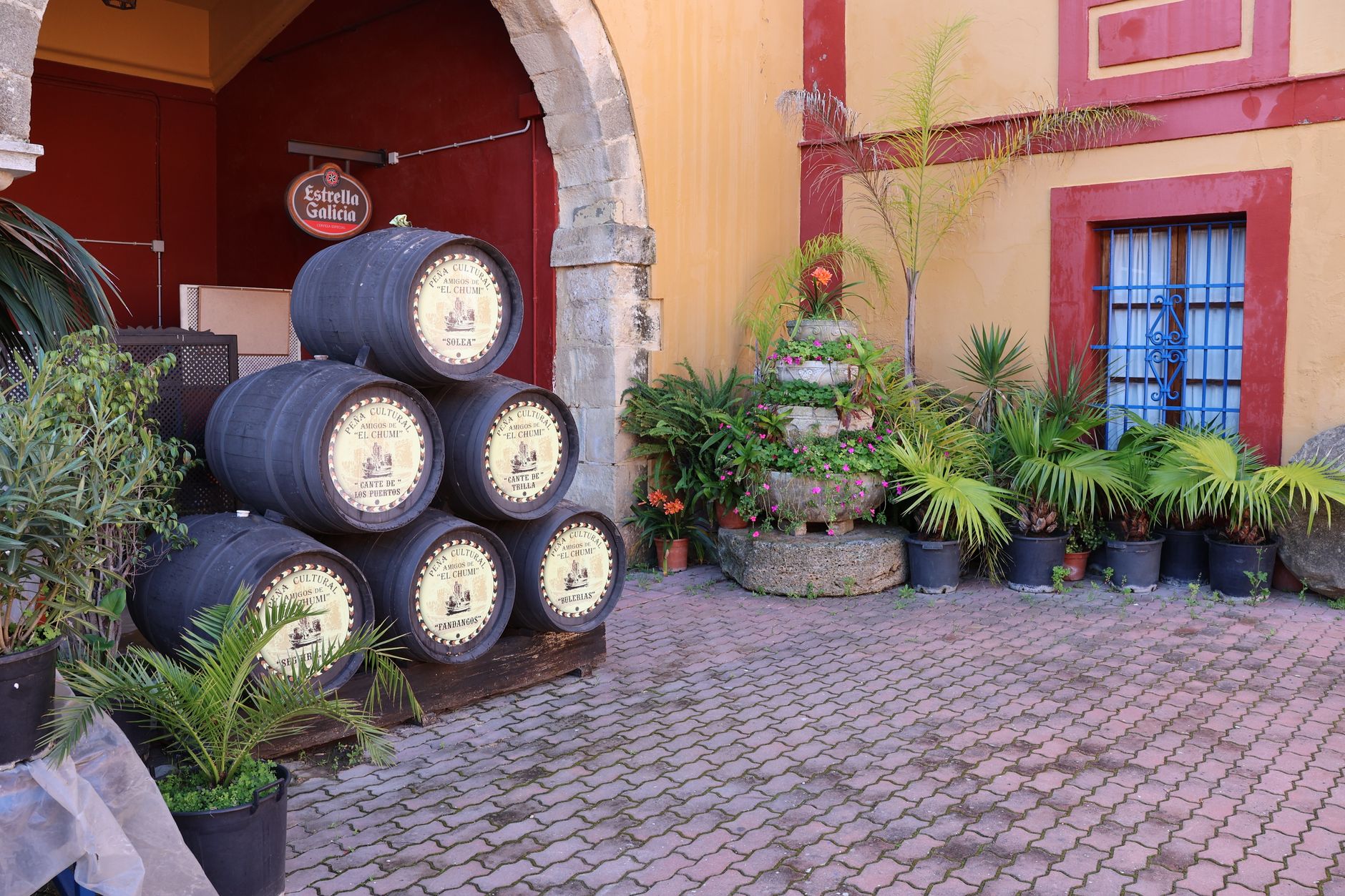 Fûts de xérès dans une cour du Marco de Jerez